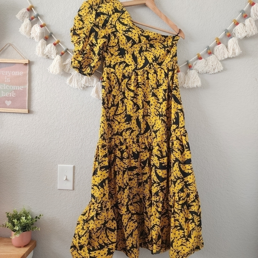 Farm Rio Spotted Bananas Puff One Shoulder Tiered Ruffle Midi Dress Beach S - Picture 4 of 13